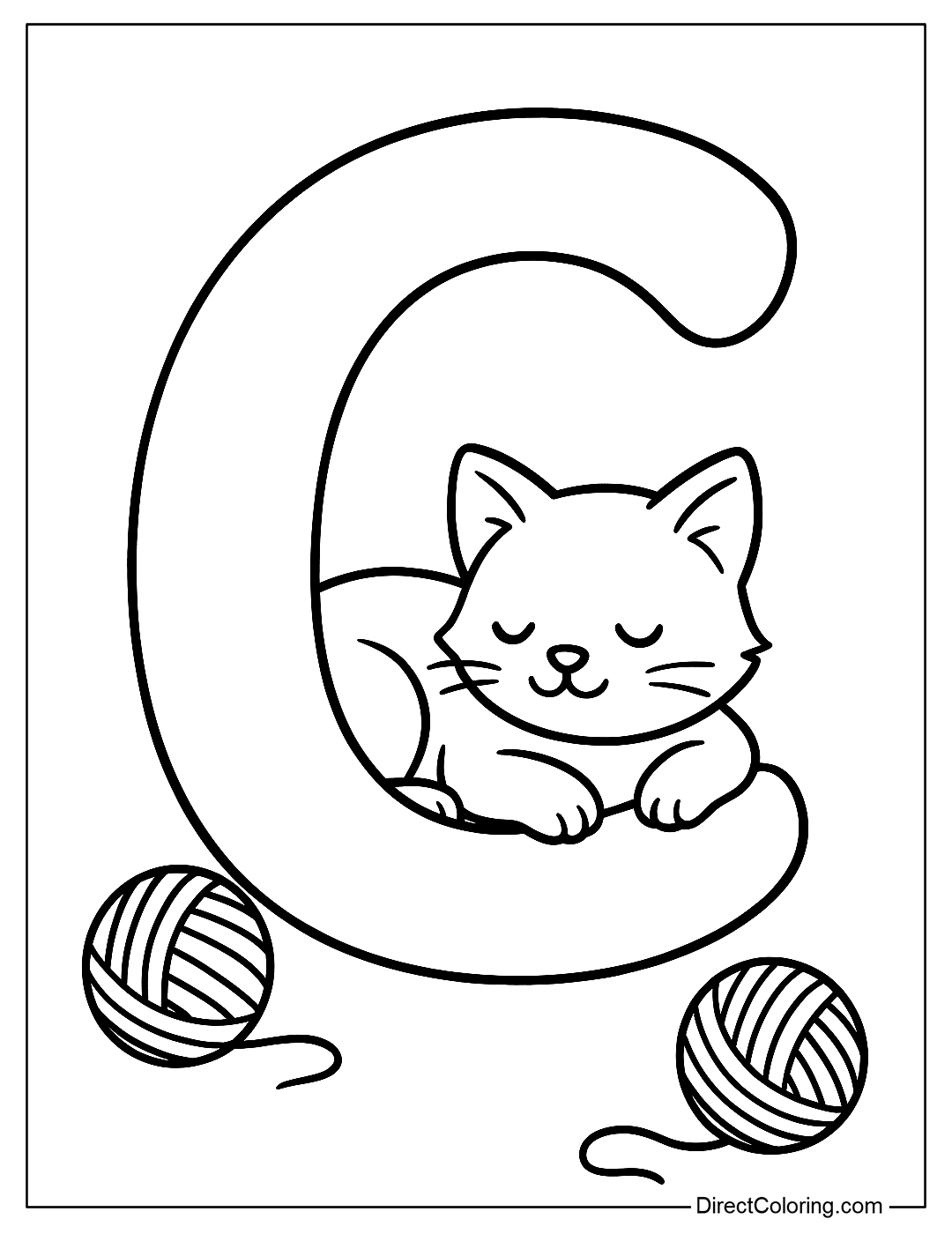 A letter C coloring page with a kitten nestled inside the letter, surrounded by balls of yarn.